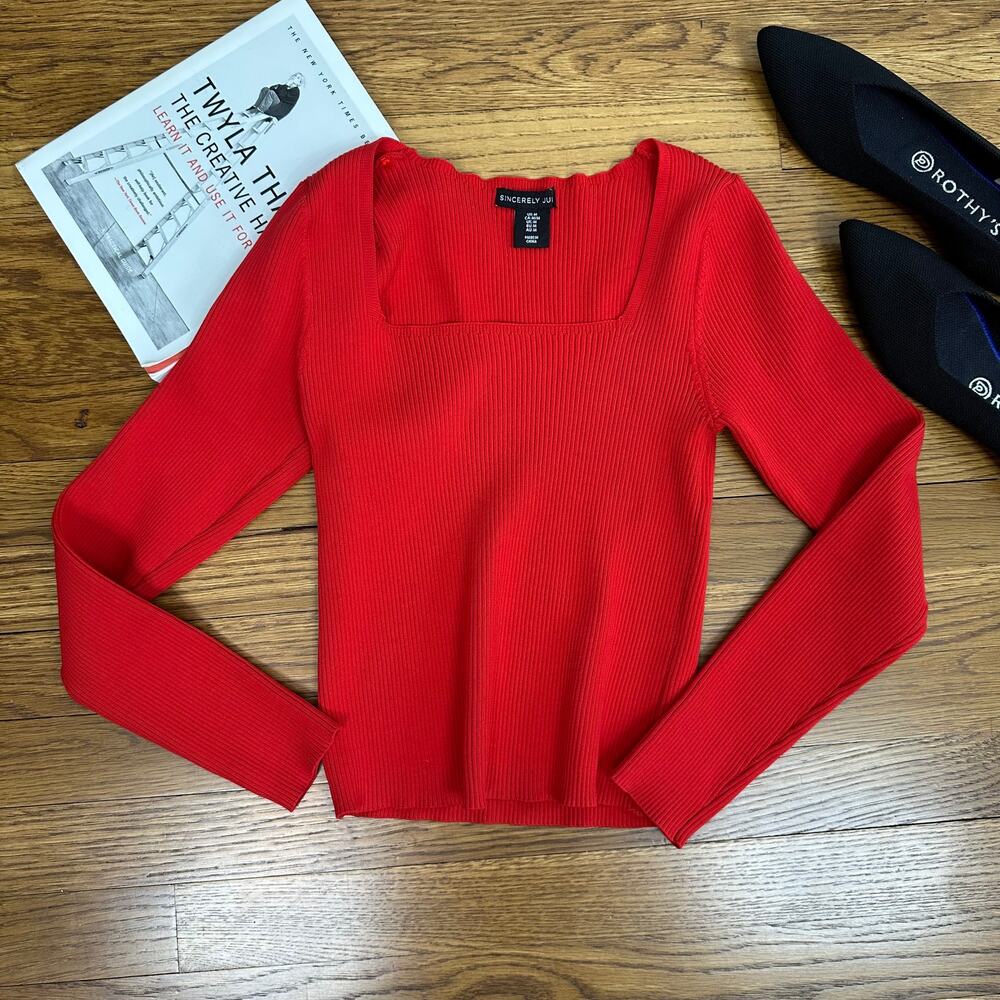 Sincerely Jules Red Square Neck Ribbed Long Sleeve Knit Sweater